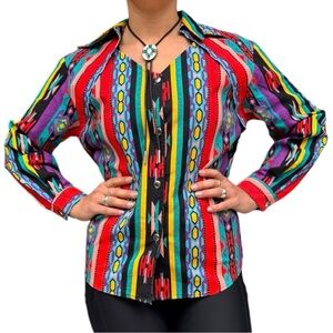 Vintage Western Women’s Multicolor Button-Down Shirt Vibrant Stripe Aztec Neon